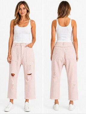 POL Blush Pink Distressed Drop Crotch Cropped Jeans NWT